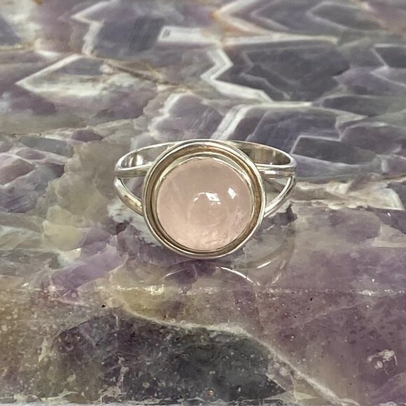 Sterling Silver 925 Round Pink Rose Quartz Cabochon Split Shank Ring Size 8.5 - Picture 7 of 16